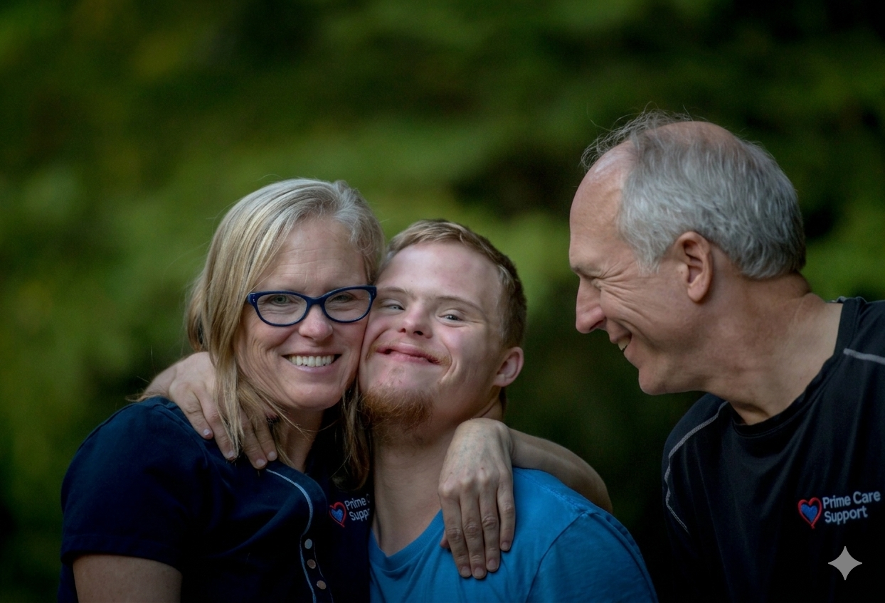 A mother, her son, and his father, all wearing Prime Care Support shirts, stand together smiling.